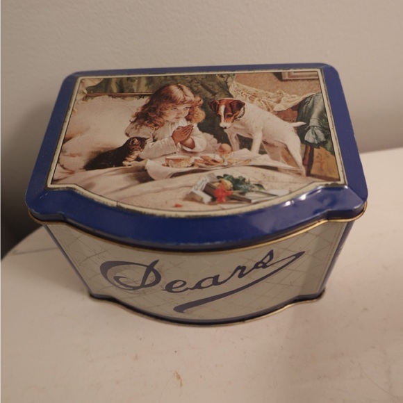 Vintage Blue Decorative Tin Box Pears tea tin kitchen storage kitten puppy child - Picture 6 of 6